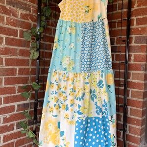 Girls' Blue & Yellow Patchwork Floral Maxi Dress